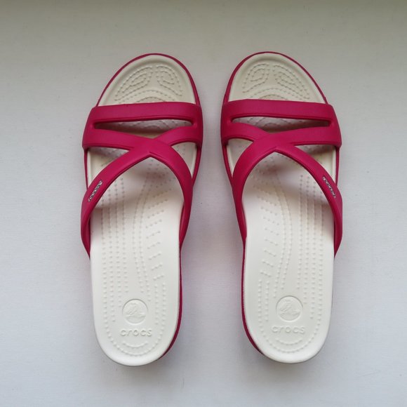 CROCS Shoes - Crocs Patricia II Raspberry Pink and White Wedge Sandals Slides 2" Heel, Size 9